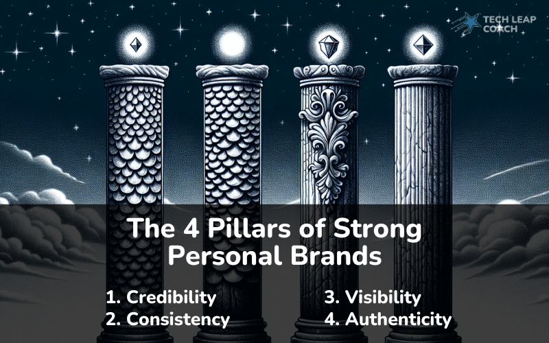 Illustration of pillars representing credibility, consistency, visibility, and authenticity