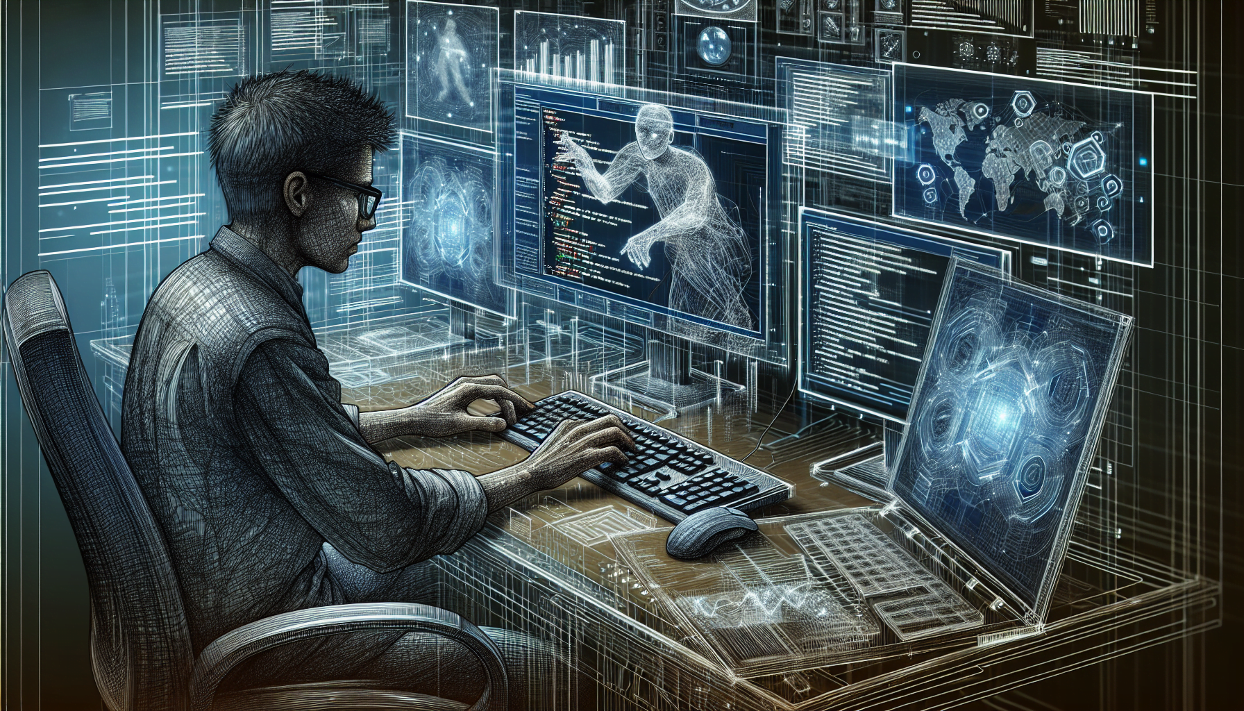 Illustration of a person using technology skills to program and analyze data